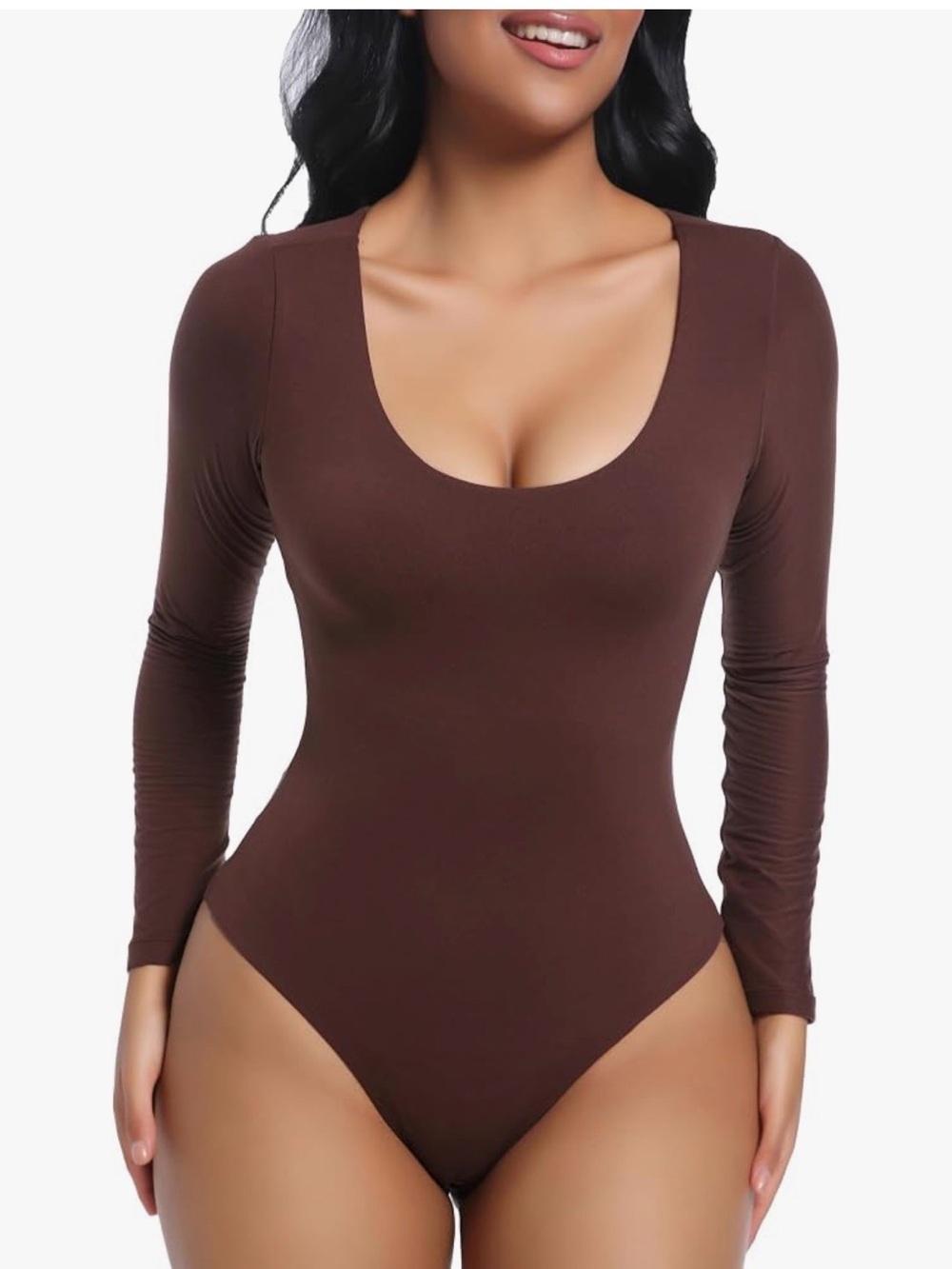 Scoop Neck Long Sleeve Bodysuit - Brown